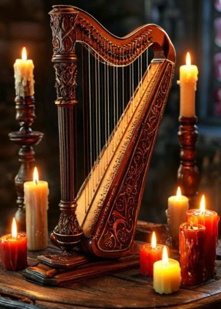 Кельтская арфа при свечах